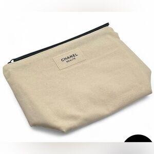 Chanel Beaute Bag Makeup Inner Zippered Pouch Mirror Cosmetic Purse Beige Black